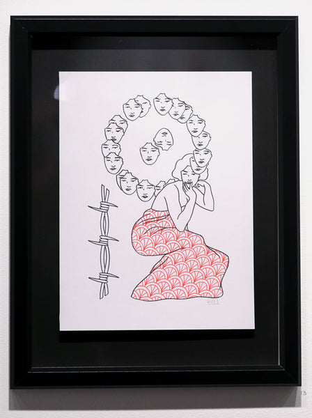 Untitled (many face woman and barbed wire)